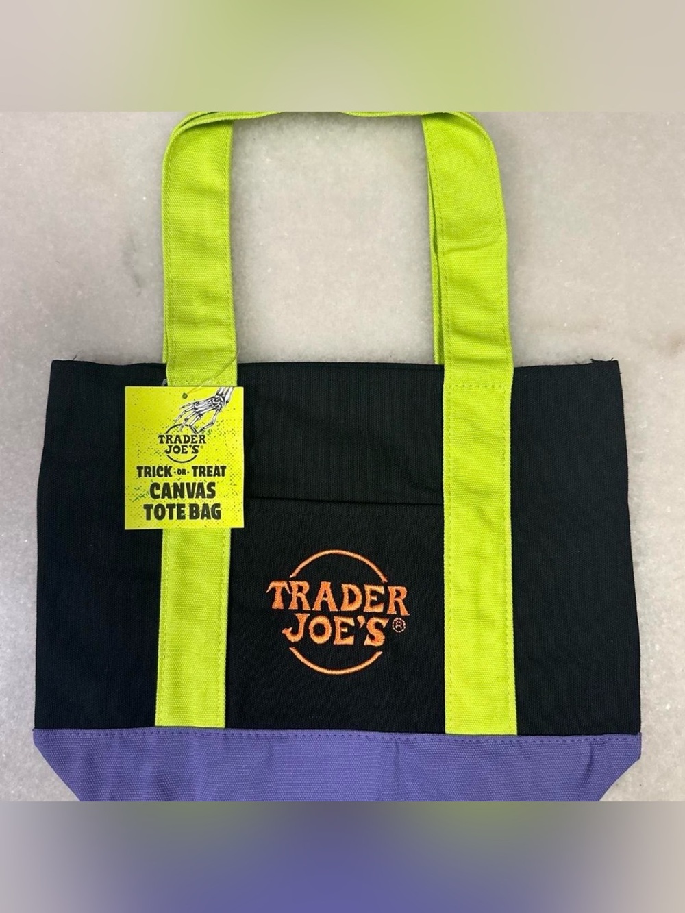 Trader Joe's Black Canvas Mini Tote with Lime Handles and Purple Base